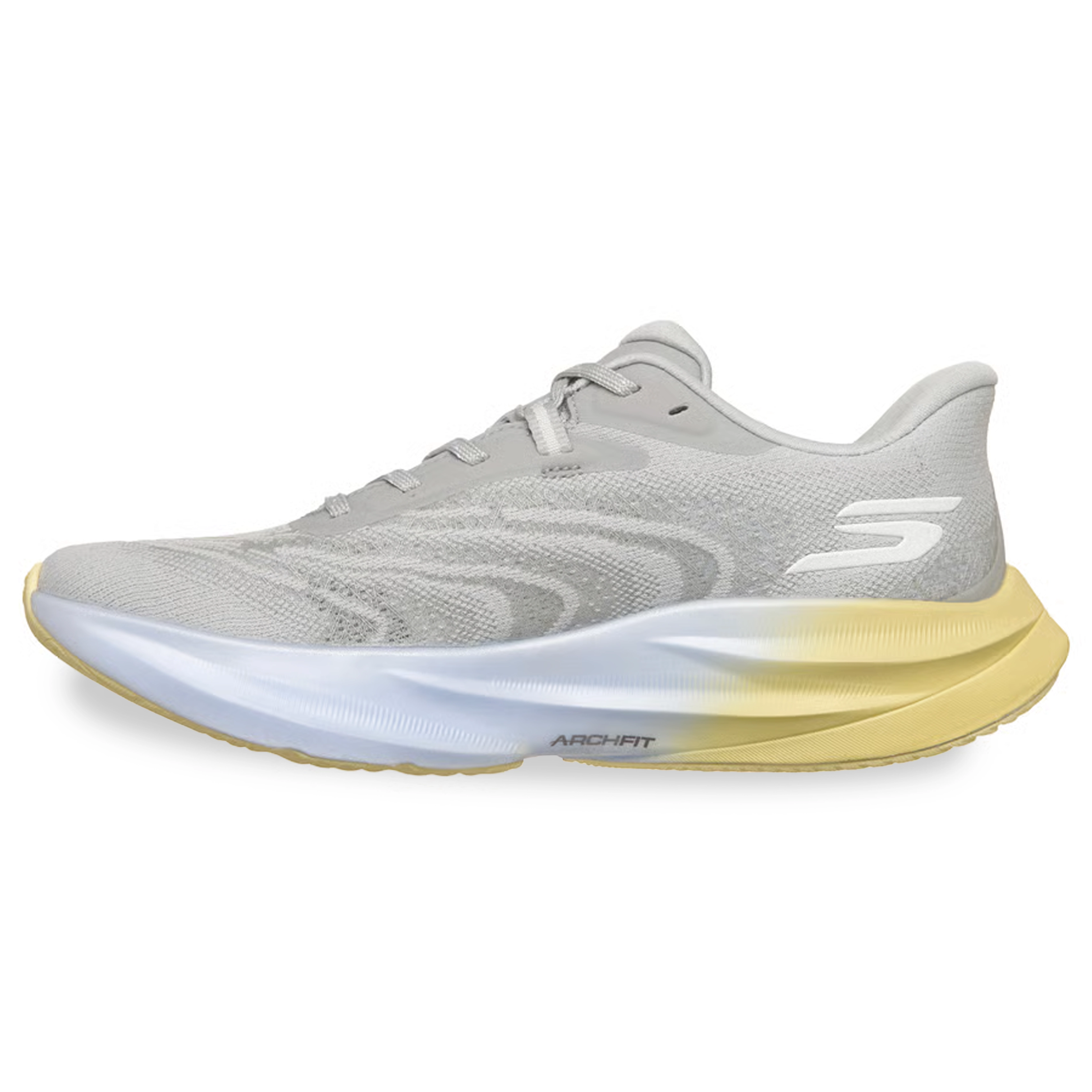Tênis Running Skechers Aero Spark Feminino cinza vista frontal para ajuste e conforto.